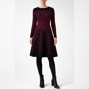 Hobbs London Jodie Knitted Dress Red Black Print Fit Flare Long Sleeve US 6
